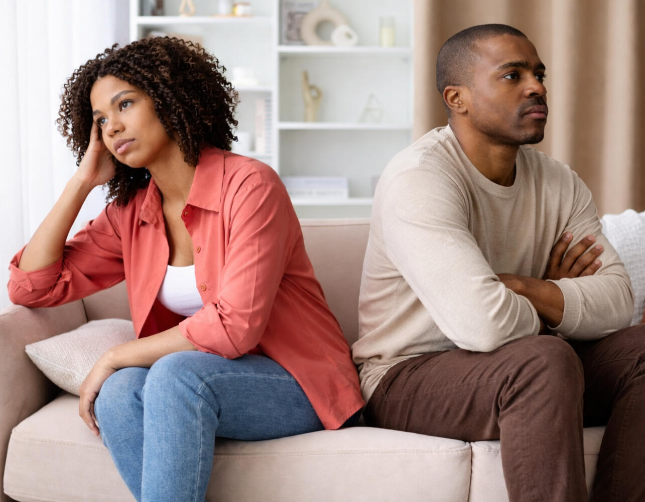 Couple sitting back to back on a sofa looking upset and emotionally distant