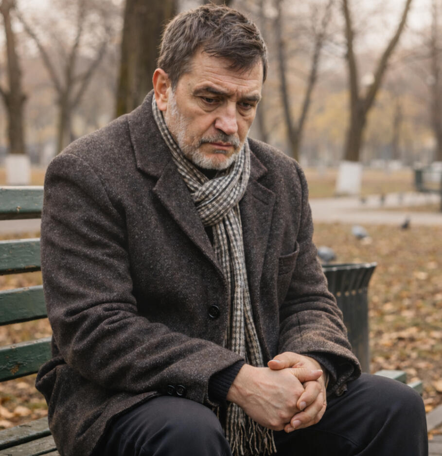 Man sitting alone on a park bench with a sombre expression appearing reflective and weighed down by grief